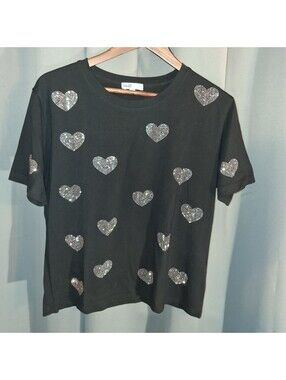 Night Studio Black T-Shirt with Silver Heart Rhinestone Design XL